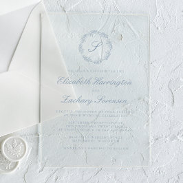 Klassieke Stofblauwe Monogram Krans Script Bruilof Acryl Uitnodigingen