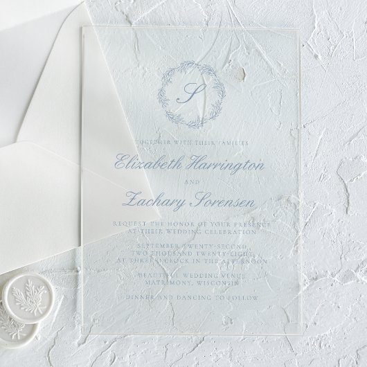 Klassieke Stofblauwe Monogram Krans Script Bruilof Acryl Uitnodigingen