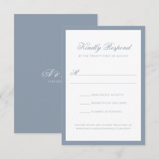 Klassieke Stofblauwe Rand Monogram Script Bruiloft RSVP Kaartje (Voorkant / Achterkant)