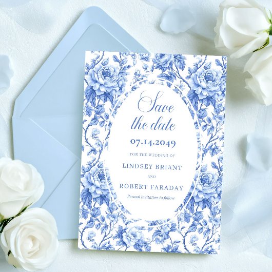 Klassieke Stofblauwe Rozen Bewaar de Datum Trouwau Aankondiging