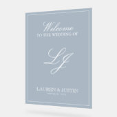 Klassieke Stoffige Blauwe Moderne Monogram Script  Acryl Bord (Hoek)