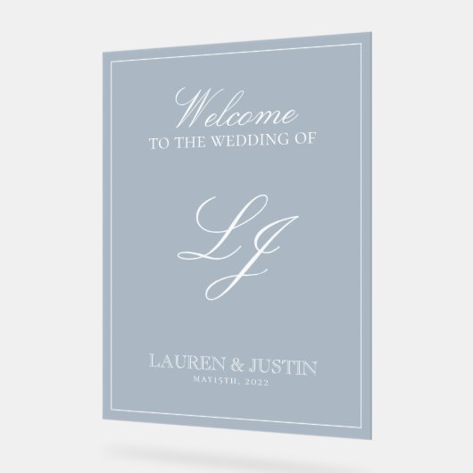 Klassieke Stoffige Blauwe Moderne Monogram Script  Acryl Bord (Hoek)