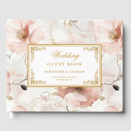 Klassieke stoffige roze gouden bloemen bruiloft ga gastenboek (Voorkant)
