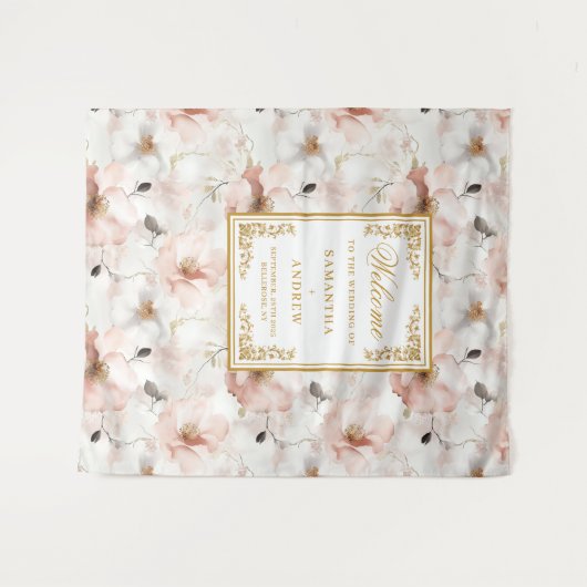 Klassieke stoffige roze gouden bloemen bruiloft ta wandkleed (Voorkant (horizontaal))