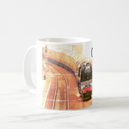 Klassieke stoomloco, op de sporen, met jouw naam. koffiemok (Voorkant links)
