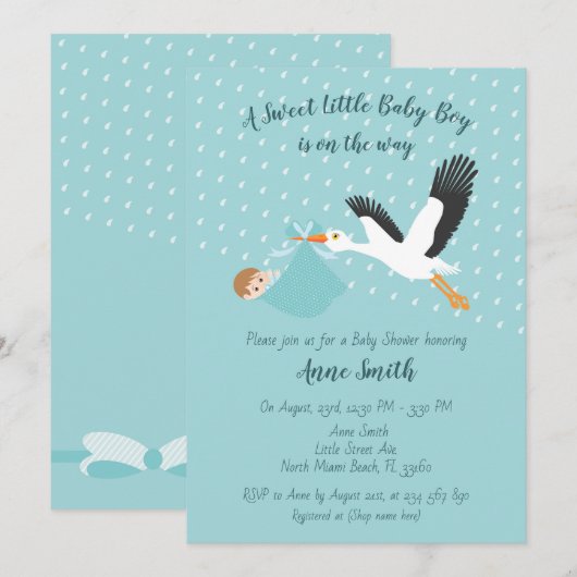 Klassieke Stork Baby Shower Uitnodiging (Voorkant / Achterkant)