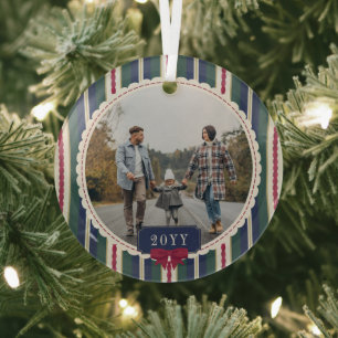 Klassieke Strepen Burgundy Strik Ronde Foto Kerstm Glas Ornament