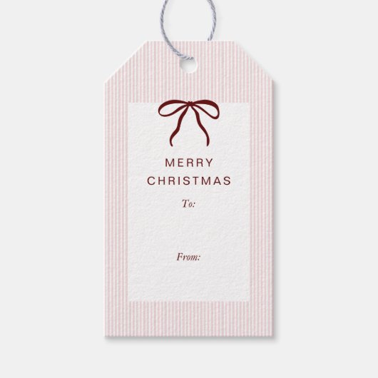 Klassieke Strepen Rode Strik Vrolijk Kerstfeest Cadeaulabel (Voorkant)