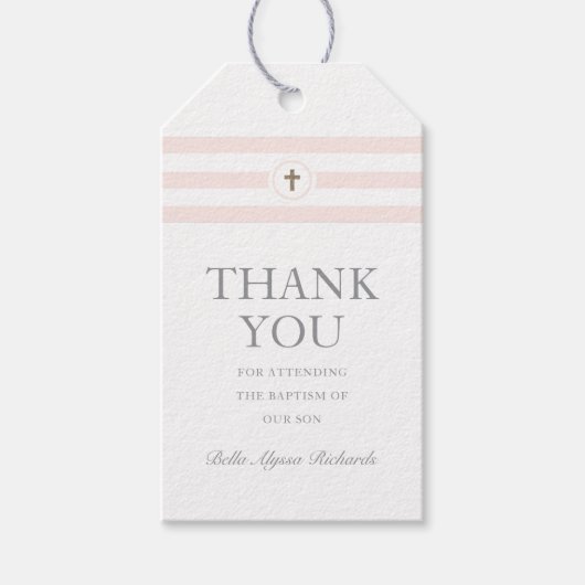 Klassieke stripe roze baptisme Christening Dank je Cadeaulabel (Voorkant)