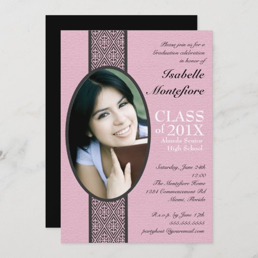 Klassieke Stripe roze zwarte GraduPartij Kaart (Voorkant / Achterkant)