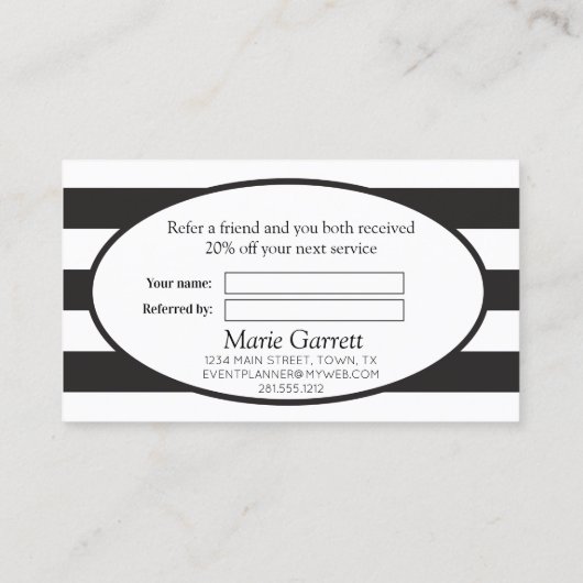 Klassieke Stripes Black Verwijs een vriend Aanbevelingskaartje (Achterkant)