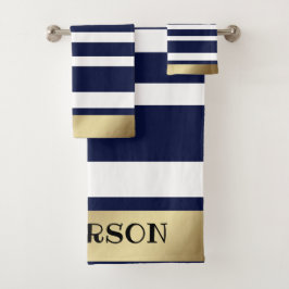 Klassieke Stripes Blue, White, Gold Personalized Bad Handdoek