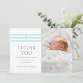 Klassieke stripes Foto Blue Baptisme Bedankkaart (Staand voorkant)