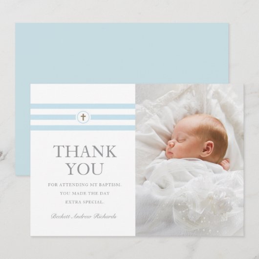 Klassieke stripes Foto Blue Baptisme Bedankkaart (Voorkant / Achterkant)