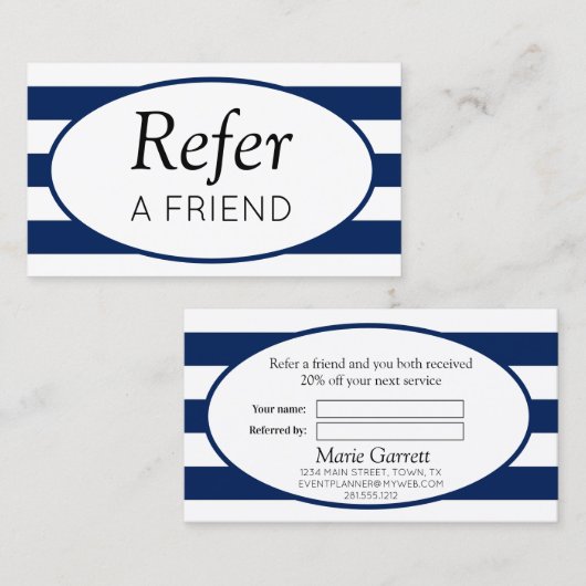 Klassieke Stripes Navy Verwijs een vriend Aanbevelingskaartje (Voorkant / Achterkant)