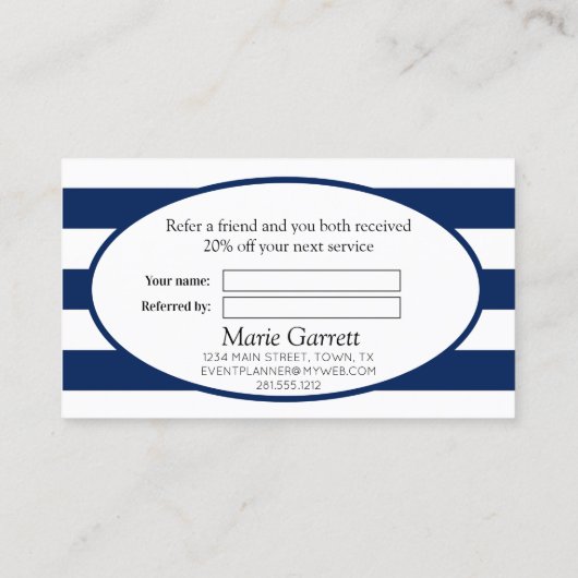 Klassieke Stripes Navy Verwijs een vriend Aanbevelingskaartje (Achterkant)