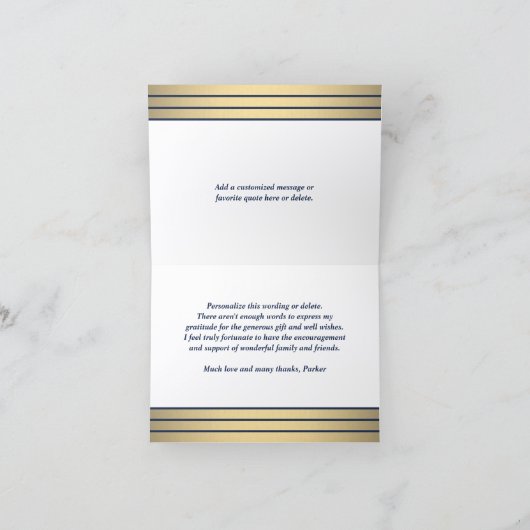 Klassieke Stripes & Stijlvol Script Navy Blue & Go Bedankkaart (Binnen)