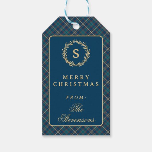 Klassieke Tartan Plaid Monogram Krans Kerstmis Cadeaulabel (Voorkant)