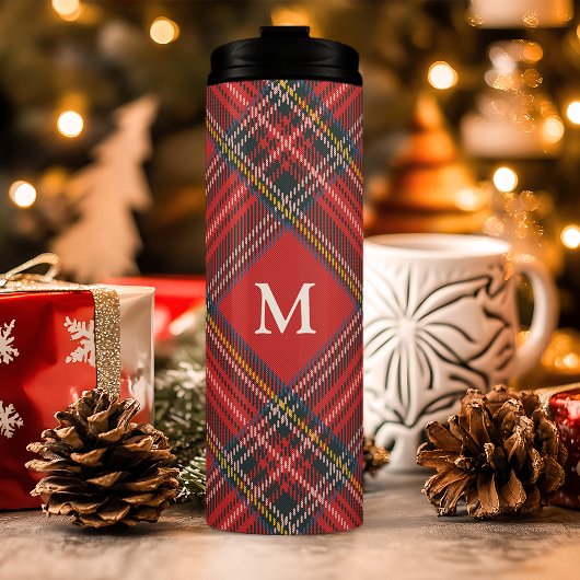 Klassieke Tartan Plaid Rode Kerstmis Monogram Thermosbeker
