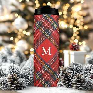Klassieke Tartan Plaid Rode Kerstmis Monogram Thermosbeker