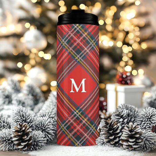 Klassieke Tartan Plaid Rode Kerstmis Monogram Thermosbeker