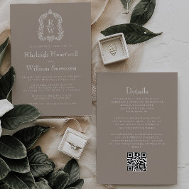 Klassieke Taupe Monogram Wapenschild QR Code Trouw Kaart