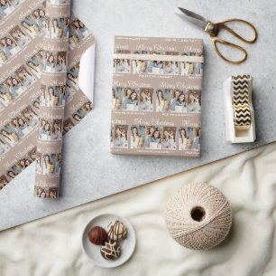 Klassieke Taupe Prettig Kerst Foto Collage Cadeaupapier