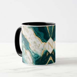 Klassieke Teal en Gouden Marmer Letter N Mok
