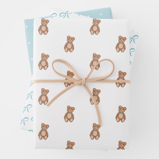 Klassieke Teddy Bear Blue Bow Baby shower Inpakpapier Vel (In situ)