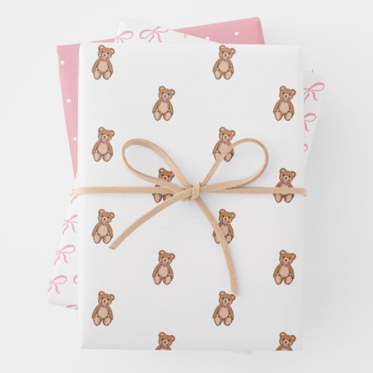 Klassieke Teddy Bear Roze Bow Baby shower Inpakpapier Vel (In situ)