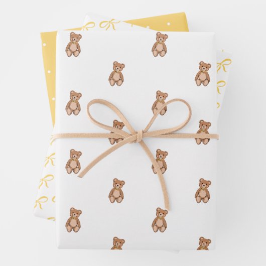 Klassieke Teddy Bear Yellow Bow Baby shower Inpakpapier Vel (In situ)