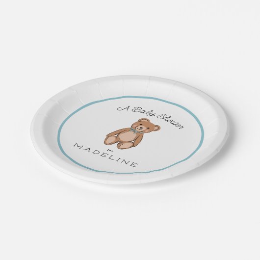 Klassieke Teddybeer Blauw Wit Baby shower Papieren Bordje (Gekanteld)