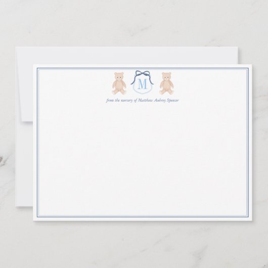 Klassieke teddybeer blauwe en witte monogram kinde bedankkaart (Voorkant)