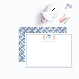 Klassieke teddybeer blauwe en witte monogram kinde bedankkaart