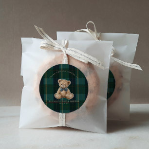 Klassieke teddybeer geruite polo baby shower ronde sticker