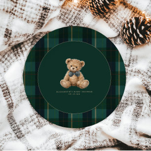 Klassieke teddybeer geruite polo babyborrel uitnod papieren bordje
