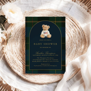 Klassieke teddybeer groen en blauw geruit babyshow kaart