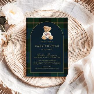 Klassieke teddybeer groen en blauw geruit babyshow kaart