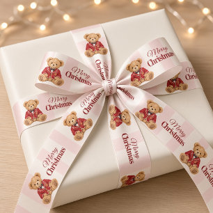 Klassieke teddybeer met roze streep Vrolijk Kerstm Satijnen Lint