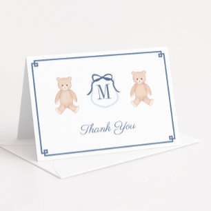 Klassieke Teddybeer Monogram Baby Shower Bedankkaart