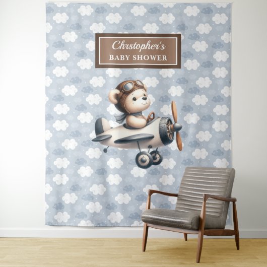 Klassieke teddybeer piloot baby shower fotowand wandkleed (In situ)