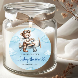 Klassieke teddybeer piloot blauwe bruine baby show ronde sticker