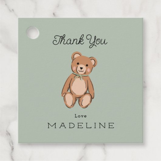 Klassieke Teddybeer Sage Green Baby shower Bedankjes Labels (Voorkant)