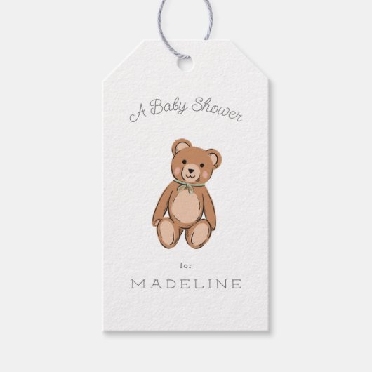 Klassieke Teddybeer Sage Green Baby shower Cadeaulabel (Voorkant)