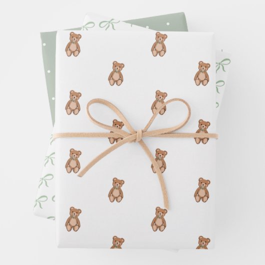 Klassieke Teddybeer Sage Green Bow Baby shower Inpakpapier Vel (In situ)