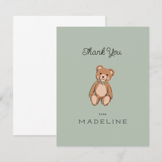 Klassieke teddybeer saliegroene babyshower bedankkaart (Voorkant / Achterkant)