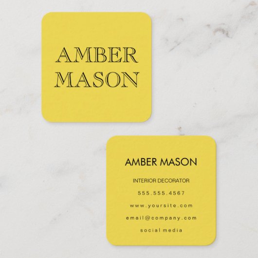 Klassieke tekst Eenvoudig Minimalistisch Geel Vierkante Visitekaartje (Voorkant / Achterkant)
