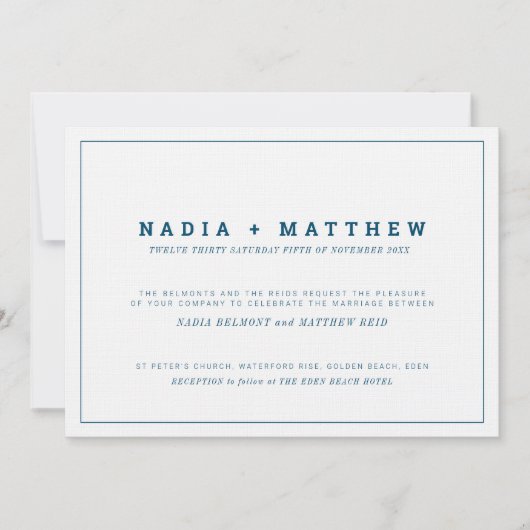 Klassieke tekst minimale marineblauw en witte brui kaart (Voorkant)