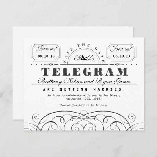 Klassieke Telegram sparen de Datum Save The Date (Voorkant / Achterkant)