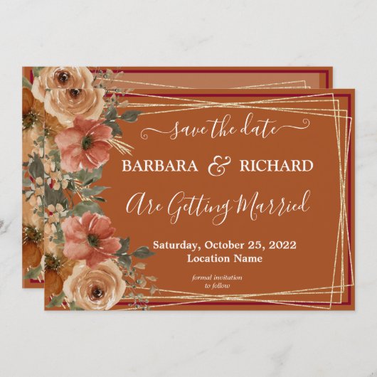 KLASSIEKE Terracotta Bloemen Waterverf Save Datum Kaart (Voorkant / Achterkant)